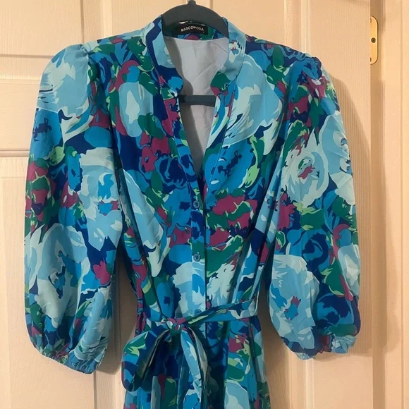 NWOT Blue Multicolor Floral Button Down 3/4 Puff Sleeve Easter Maxi Dress Small - Picture 6 of 12
